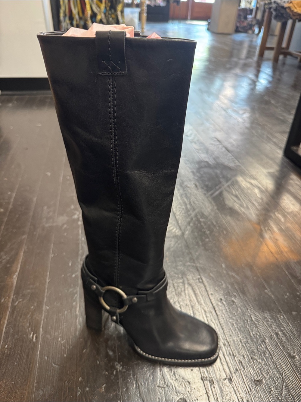 Free People Black Leather Knee-High Heel Boots with Harness Detail